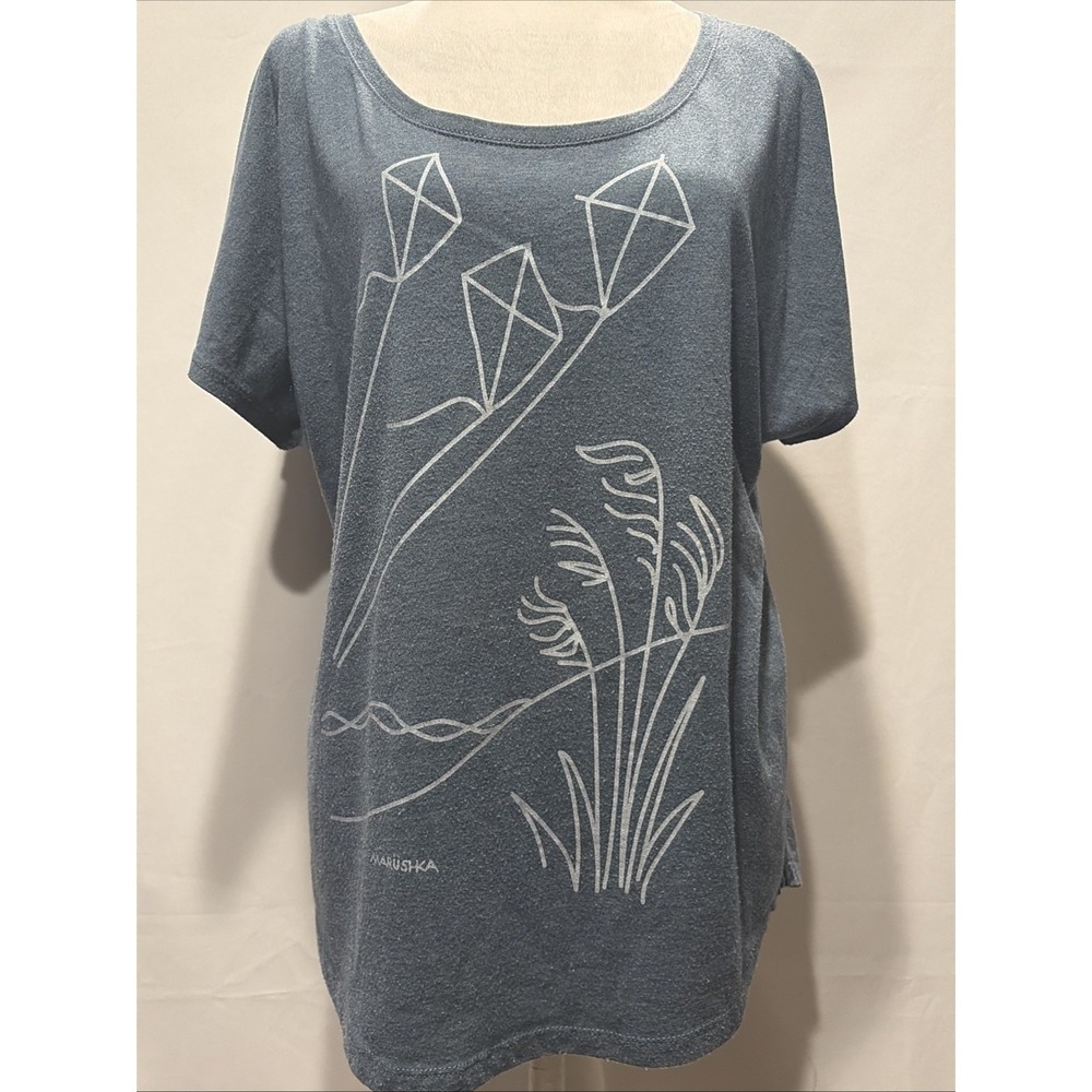 Marushka Hand Printed Graphic T Shirt Women L-XL Grasses Kites Graphic Slub Knit